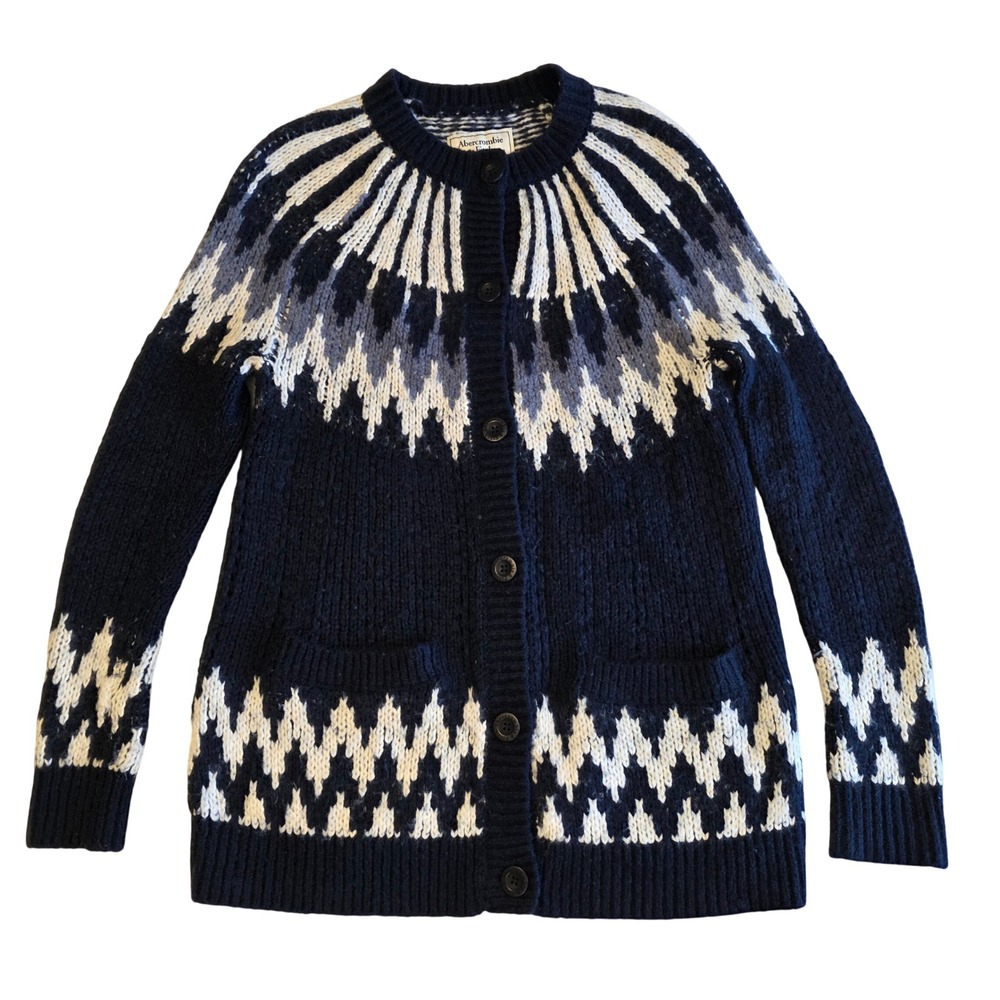 Abercrombie & Fitch Navy Blue Fair Isle Chunky Knit Cardigan Sweater Small